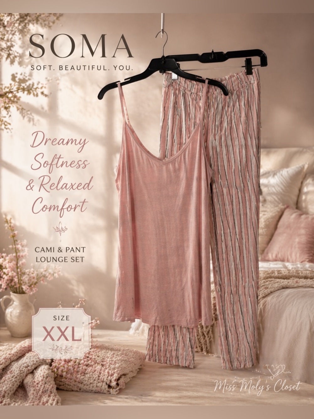 Soma Blush Pink 2PC Lounge Set XXL Cami & Full Length Pants Soft Stretch Pajamas